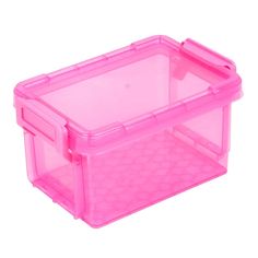 a pink plastic storage box on a white background