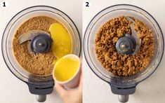 two pictures showing how to make an orange juice in a food processor