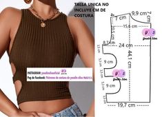 a woman wearing a brown top with cutouts on the side and measurements for her waist