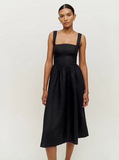 Tagliatelle Linen Dress - Sleeveless Midi | Reformation Reformation Black Dress, Dress With A Corset, Fitting Skirt, Corset Bodice, Lace Neckline, Scalloped Lace, Midi Length Dress, Dress Sleeveless, Linen Dress