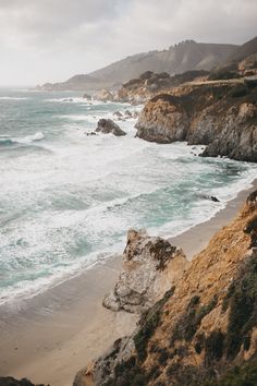 an ocean view with waves crashing on the shore