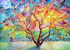 a painting of a tree with colorful leaves on it's branches and the sky in the background