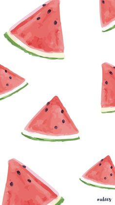 watermelon slices on a white background with green stems and black dots in the middle