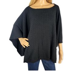 Theory 100% Cashmere Black Cable-Knit Poncho Sz M - L Great Condition, No Flaws! So Soft And Cozy Length 24" Black Knit Casual Poncho, Black Shawl Poncho One Size, Oversized Long Sleeve Cashmere Poncho, Casual Black Cape-style Poncho, Black Poncho With Scarf, One Size, Shrug Sweater, Cable Knit, Cashmere, Sweaters For Women