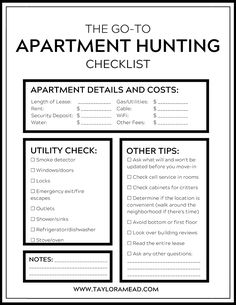 the go - to apartment hunting checklist is shown in this black and white photo