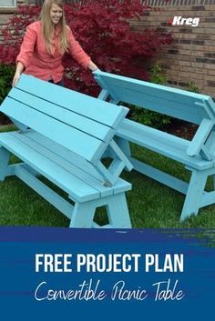 a woman standing next to a blue picnic table with the text free project plan convertible picnic table