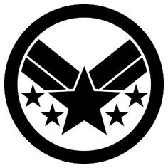 a black and white logo with stars in the center