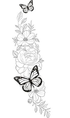 a line drawing of flowers and butterflies