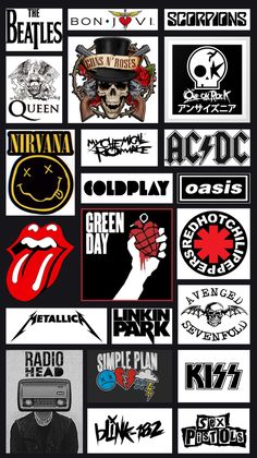 the rolling stones poster is shown in black and white, with many different logos on it