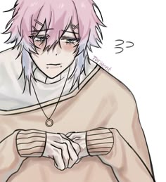 an anime character with pink hair wearing a cape and holding his hands in front of him