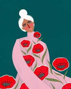 an illustration of a woman with white hair and red flowers