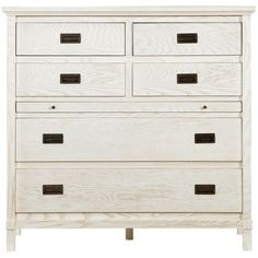 a white chest of drawers with black knobs on the top and bottom drawer, against a white background