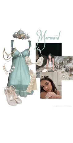 a collage of photos with the words mermaid on it, and an image of a woman in a blue dress