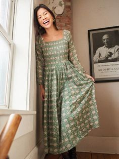 Long Sleeve Cotton Dress With Smocked Bodice, Aegean Teal, Pretty Sleeves, Church Fits, Dress With Long Sleeves, Hand Screen Printed, Fall Style, Teenage Fashion Outfits, Long Sleeve Midi Dress