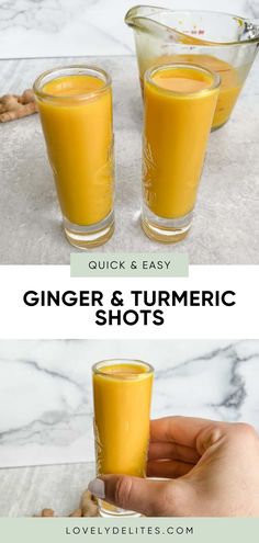 Ginger and turmeric shots Ginger Shots In Blender, Detox Shots Recipes, Ginger Shot Recipe Juicer, Ginger Tumeric Shots Recipes, Turmeric And Ginger Recipes, Tumeric Shots Diy, Ginger Lemon Shot Recipe, Lemon Ginger Shot Recipe