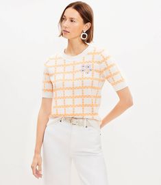 Floral Embroidered Gingham Sweater Tee Preppy Gingham Tops For Spring, Spring Preppy Gingham Tops, Spring Gingham Preppy Tops, Spring Preppy Cotton Sweater, Spring Preppy Workwear Sweater, White Knit Preppy Tops, White Preppy Knit Tops, Preppy Crew Neck Sweater For Spring, Preppy Crew Neck Tops For Fall