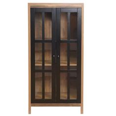 a wooden cabinet with glass doors and shelves