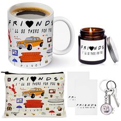 a coffee mug, keychain, and wallet sitting next to each other on a white surface