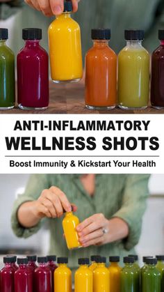 a woman is holding a small bottle in front of many different colored bottles with the words anti - flamatory wellness shots