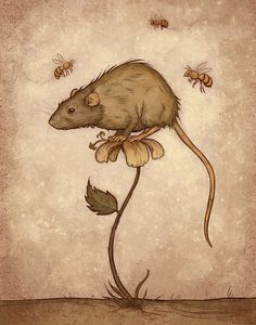 a mouse sitting on top of a flower with bees flying around it's head