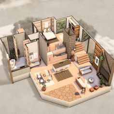 an aerial view of a house with stairs and living room