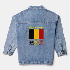 a jean jacket with the name here belgium printed on it's chest and back