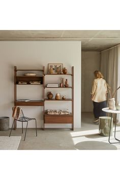 Solid Teak Bookcase | Tikamoon Wall 165 | Woodfurniture.com Mid Century Modern Shelves, Modern Shelving Units, Oak Bookcase, Bookcase Wall, Wood Bookcase, Modern Shelving, Living Room Bookcase, Corner Designs, A Living Room