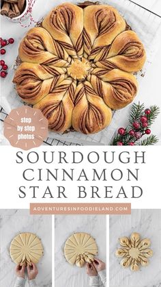 the recipe for sourdough cinnamon star bread is shown with instructions to make it