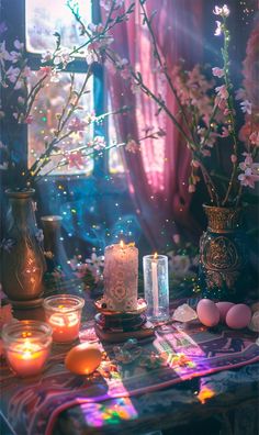 a table topped with candles and vases filled with flowers