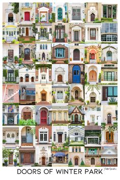 the doors of winter park are shown in many different colors and styles, including windows