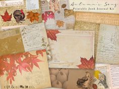 an assortment of papers with autumn leaves and other things on them, all in different colors