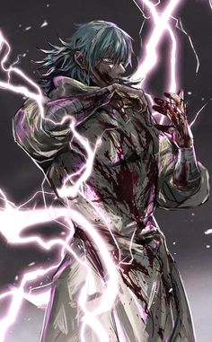 an anime character with blue hair and lightning in his hand, standing on the ground