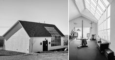 black and white photographs of the inside of a church, with windows on both sides