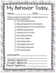 a printable teacher's behavior checklist with the text, my behavior today