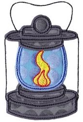 a blue lantern with a yellow flame on it's side and a hook in the middle