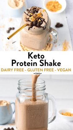 keto protein shake in a mason jar with text overlay reading keto protein shake dairy - free, gluen - free vegan