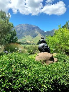 there is a statue in the middle of some bushes and trees with mountains in the background