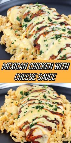 mexican chicken with cheese sauce is on a black plate and the image has an orange border