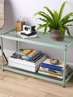 a table with books and a camera on it next to a plant in a room