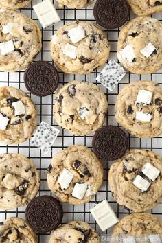 chocolate chip cookies with marshmallows and oreos on a cooling rack