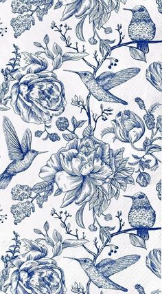 blue flowers and birds on white paper napkins