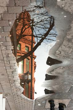 a reflection of a building in a puddle on the ground with a person standing next to it