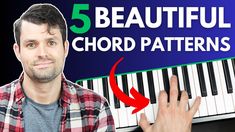 a man with his hand on the keys of a piano and text that reads 5 beautiful chords