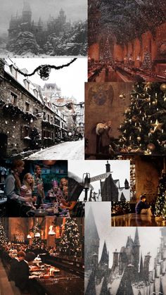 the collage shows many different scenes in an old time town, including christmas trees and buildings