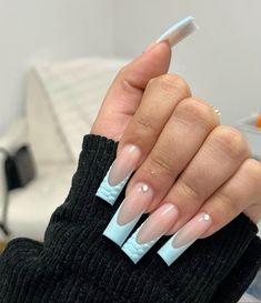 Formal Acrylic Nails, Fall French Tip Nails, Fall French Tip, Acrylic Nails Long, Long Square Nails, Light Blue Nails, Acrylic Nail Kit, Basic Nails, Short Square Acrylic Nails