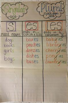 a poster with words and pictures on it that say singular, plural, and less