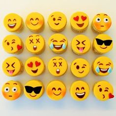 cupcakes with different emoticions and faces on them are arranged in rows