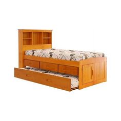 a bed with drawers underneath it and a bookcase on the bottom shelf above it