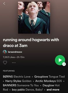 an image of harry potter on the phone with other people in the background and text that reads running around hogwarts with draco at 3am