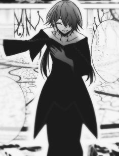 an anime character with long hair and black dress standing in front of graffiti covered walls